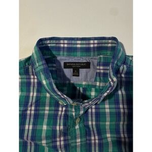 Banana Republic Soft Wash Dress Shirt Mens Green Blue‎ Teal Plaid Fall 13